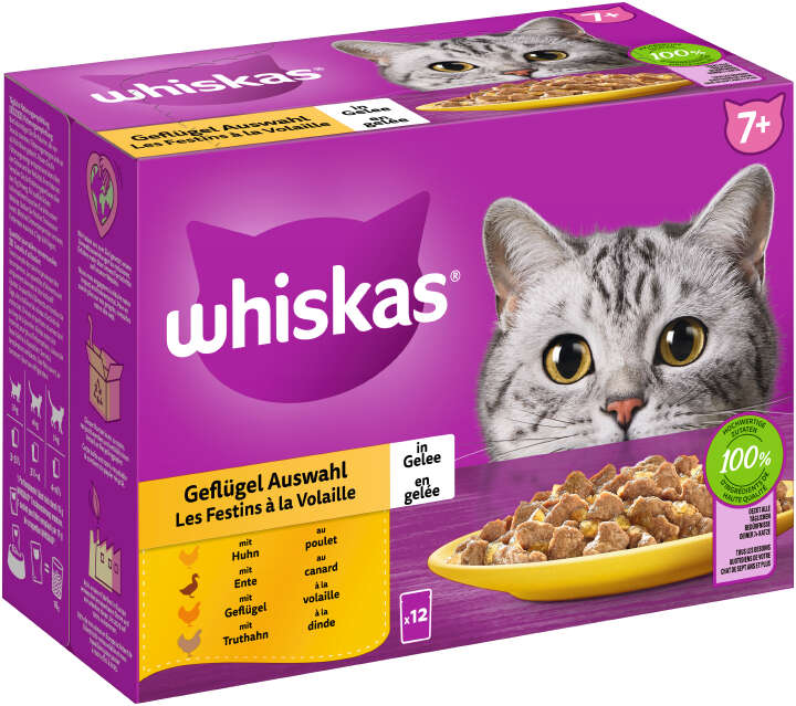 whiskas Katzen-Nassfutter Portionsbeutel Multipack 7+ Geflügel Auswahl in Gelee 12 x 85g